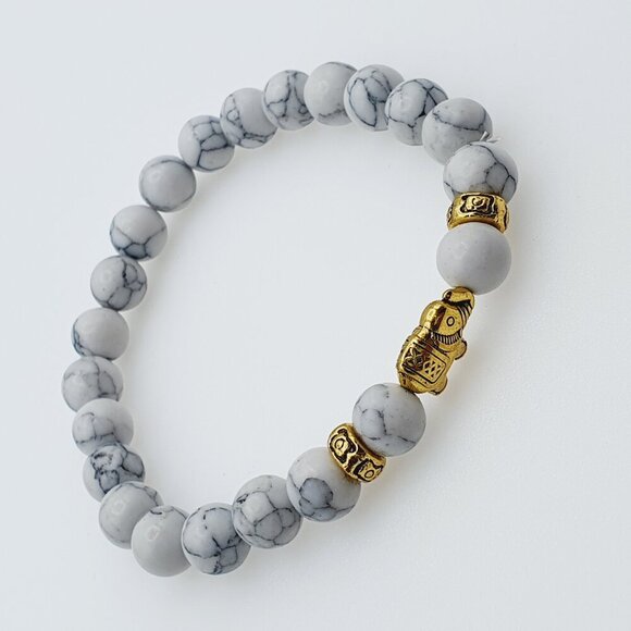 Jewelry - Howlite Beaded Bracelet with Gold Elephant Charm, AZFA1070